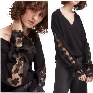 New French Connection Caballo Floral Lace Sleeve Sweater Black V Neck Sz S